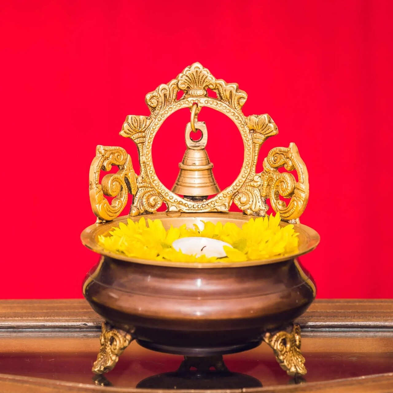 Brass Urli Bowl with Bell 7 Inch Indian Ethnic Urli Bowls for Floating Flowers Tea Light Candles Home Office Table Pooja Room Decor Diwali Decoration Showpiece Housewarming Gift